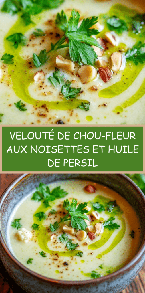 Velouté de chou-fleur crémeux servi dans un bol, garni de noisettes torréfiées et d’un filet d’huile de persil verte.