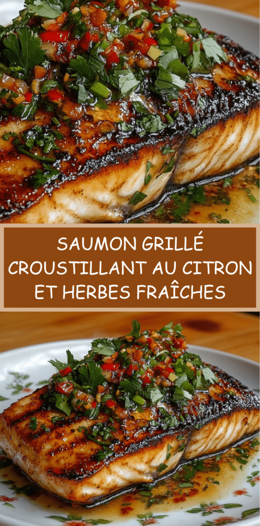 Pavé de saumon grillé à la peau croustillante, nappé d’une sauce citron aux herbes fraîches et piment, servi chaud à l’assiette.