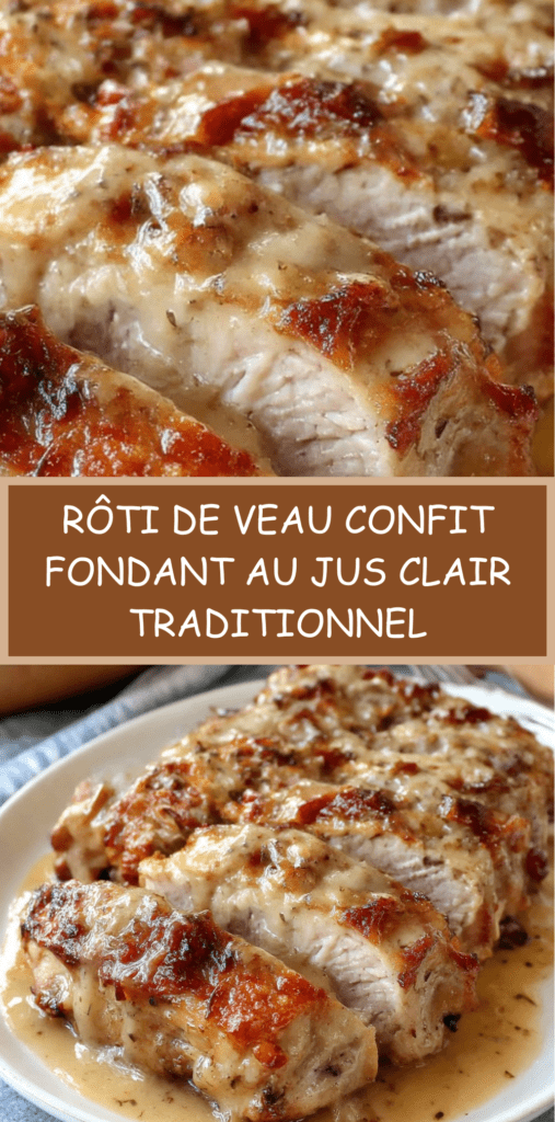 Rôti de veau confit en cocotte, tranché et nappé de jus clair, viande très fondante accompagnée de légumes.