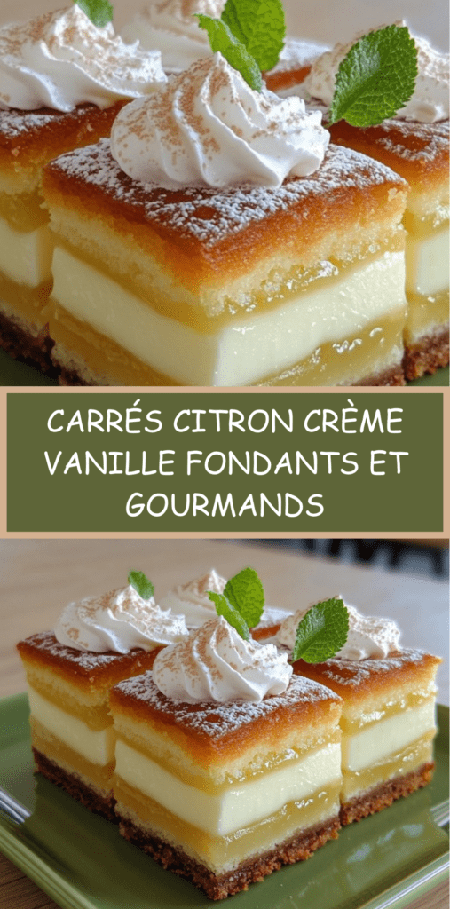Carrés citron et crème vanille, base biscuitée, couches fondantes et finition au sucre glace, découpés en parts nettes.