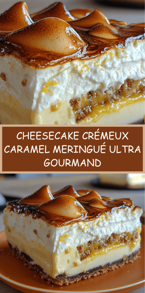 Cheesecake crémeux au caramel beurre salé sur base biscuitée, recouvert d’une meringue dorée et légèrement croustillante.