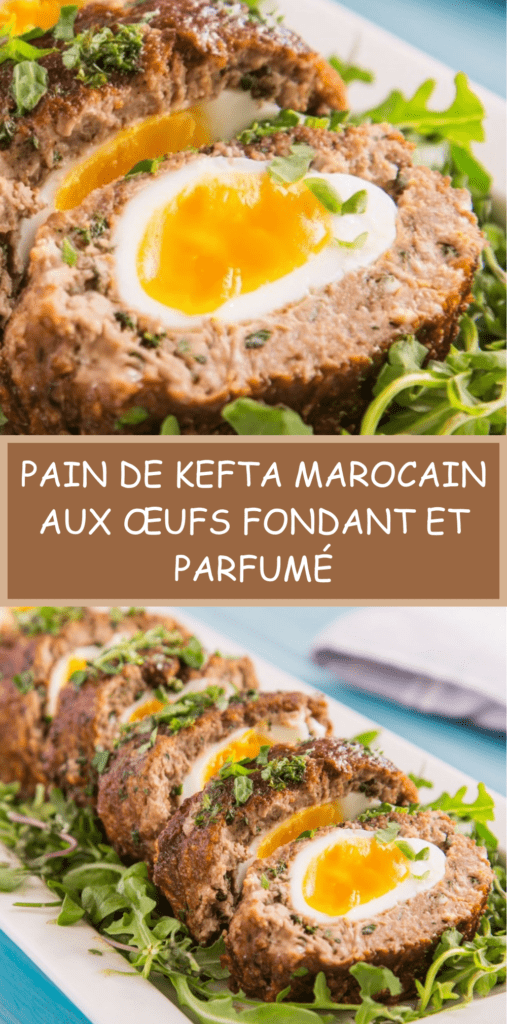 Pain de kefta marocain aux œufs, tranché et servi chaud, viande épicée fondante avec œufs au centre sur lit de verdure.