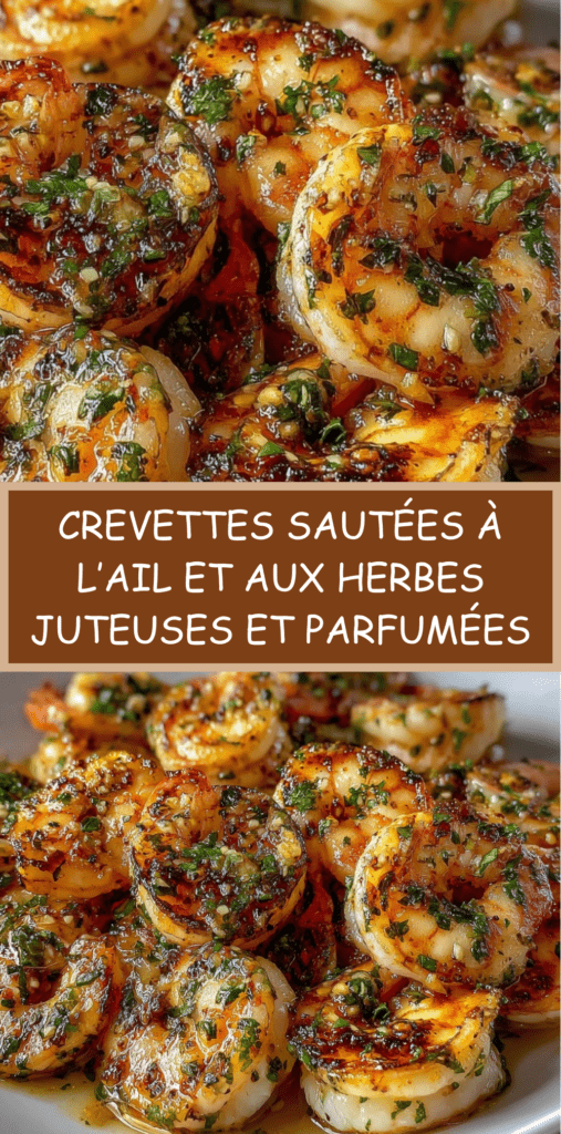 Crevettes sautées à l’ail et aux herbes fraîches, dorées à la poêle, brillantes et juteuses, servies bien chaudes.