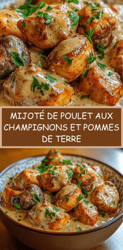 Mijoté de poulet crémeux aux champignons et pommes de terre, sauce onctueuse, servi bien chaud en cocotte.