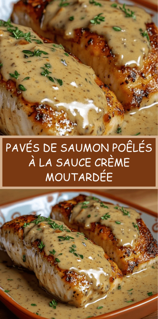 Pavés de saumon poêlés nappés de sauce crème moutardée aux herbes, servis bien chauds dans une poêle.