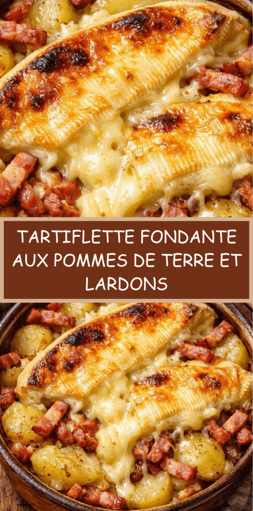 Tartiflette fondante aux pommes de terre, lardons fumés et fromage coulant gratiné au four dans un plat familial doré.