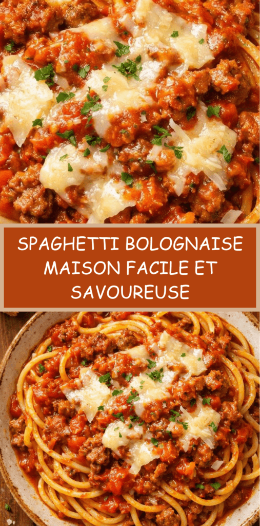 Spaghetti bolognaise maison avec sauce tomate mijotée au bœuf, parmesan râpé et persil frais, servis bien chauds dans une assiette généreuse.