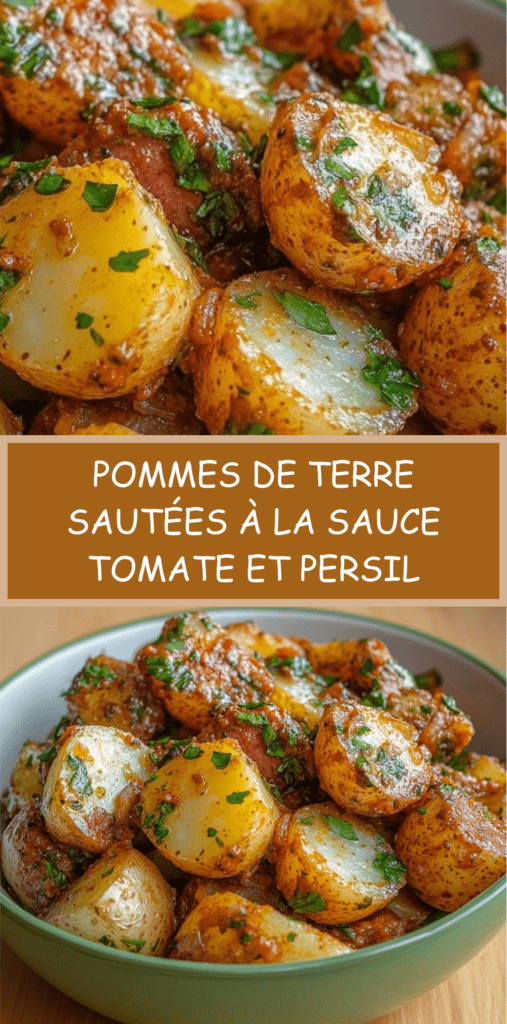 Pommes de terre sautées dorées à la poêle, enrobées de sauce tomate légèrement caramélisée et parsemées de persil frais, servies bien chaudes.