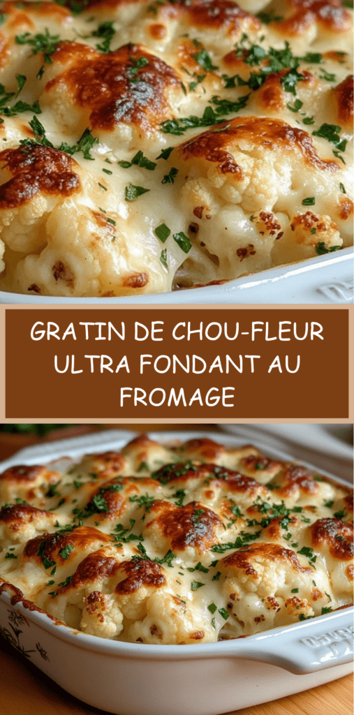 Gratin de chou-fleur au fromage doré au four, nappé de béchamel crémeuse et parsemé de fromage fondu, servi bien chaud.