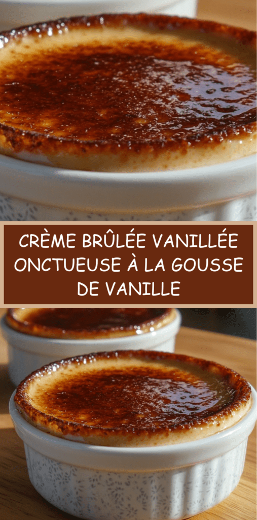 Crème brûlée vanillée maison avec croûte de sucre caramélisée dorée, servie dans un ramequin élégant, texture lisse et fondante.