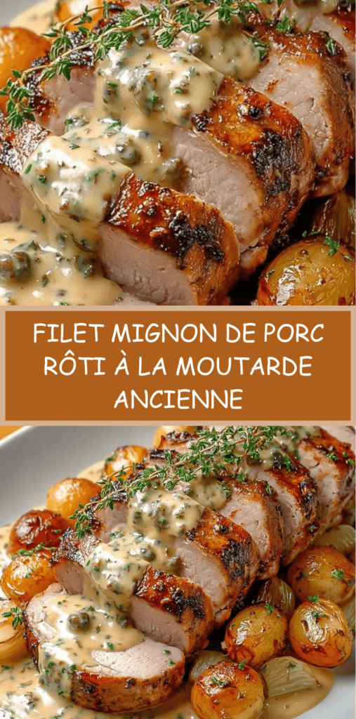 Filet mignon de porc rôti nappé de sauce à la moutarde ancienne et à la crème, servi avec pommes de terre rôties dorées au four.