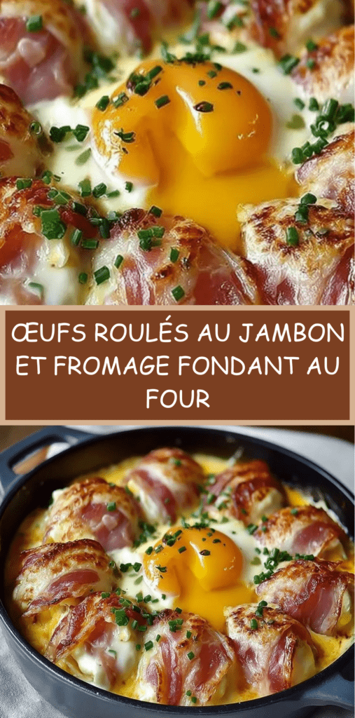 Œufs roulés au jambon nappés de crème et fromage fondant gratiné au four, servis bien chauds avec herbes fraîches ciselées.