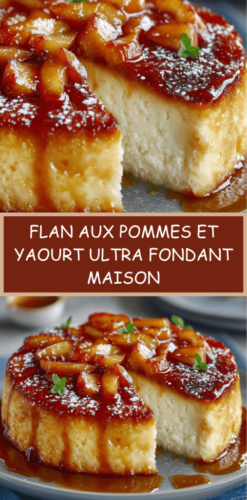 Flan aux pommes et yaourt doré au four, texture fondante et moelleuse, nappé de miel ou caramel, servi en parts avec morceaux de pommes.