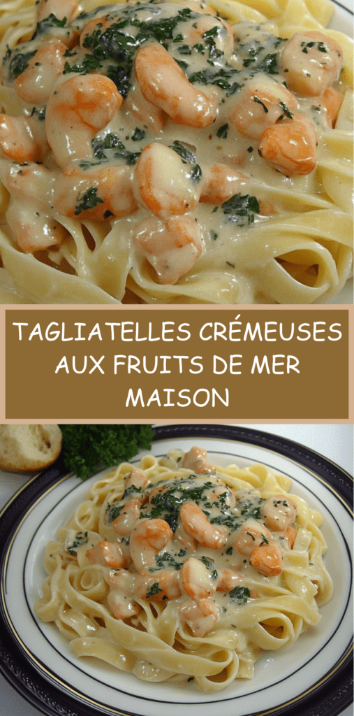 Tagliatelles aux fruits de mer nappées de sauce crémeuse, crevettes et persil frais, servies bien chaudes dans une assiette généreuse.