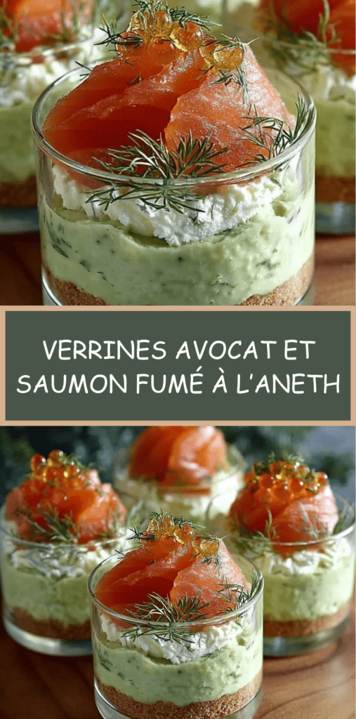 Verrines avocat et saumon fumé en couches, crème d’avocat onctueuse, fromage frais et saumon fumé, décorées d’aneth et d’œufs de saumon.