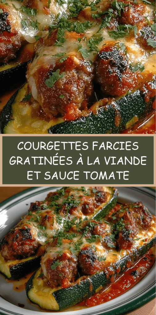 Courgettes farcies à la viande hachée, nappées de sauce tomate fondante et gratinées au fromage doré au four, servies bien chaudes.