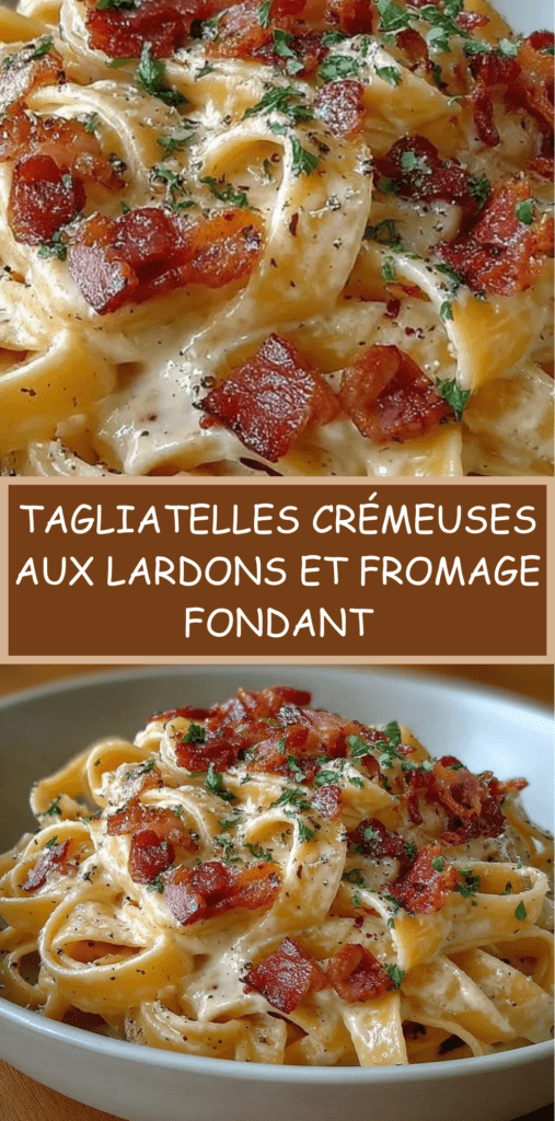 Tagliatelles nappées de sauce crémeuse aux lardons dorés et fromage fondant, parsemées de persil frais, servies bien chaudes.