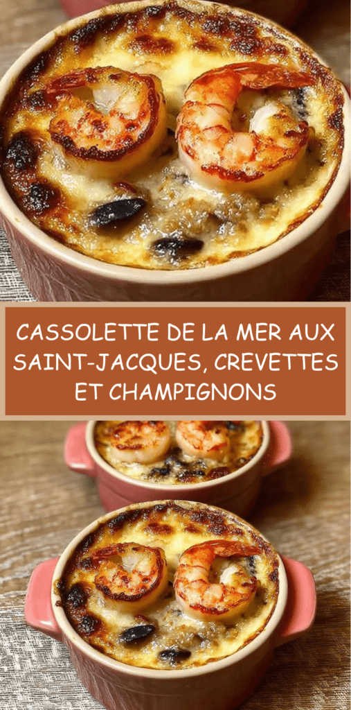 Cassolette de la mer crémeuse avec noix de Saint-Jacques dorées, crevettes roses et champignons fondants, gratinée et servie chaude.