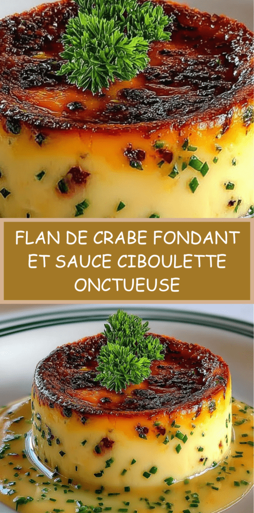 Flan de crabe démoulé, texture lisse et fondante, nappé d’une sauce crémeuse à la ciboulette, servi chaud dans une assiette élégante.