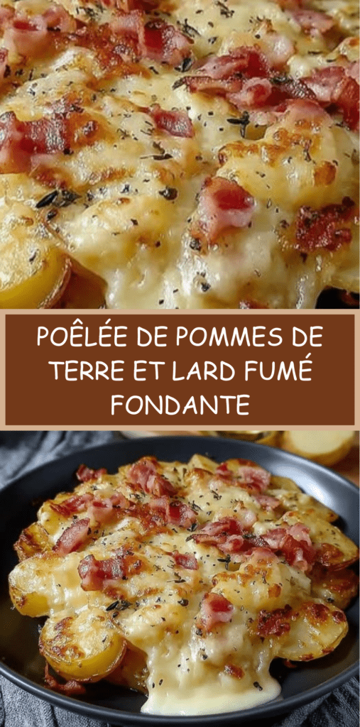 Poêlée de pommes de terre dorées avec lard fumé croustillant, oignons fondants et herbes aromatiques, servie bien chaude à la poêle.