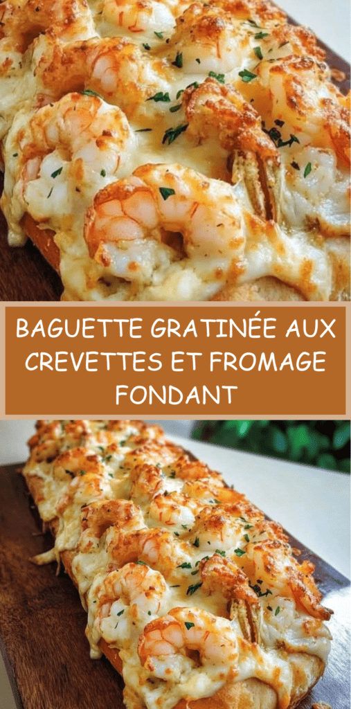 Baguette gratinée coupée en deux, garnie de crevettes, sauce crémeuse à l’ail et fromage fondu doré, parsemée d’herbes fraîches.