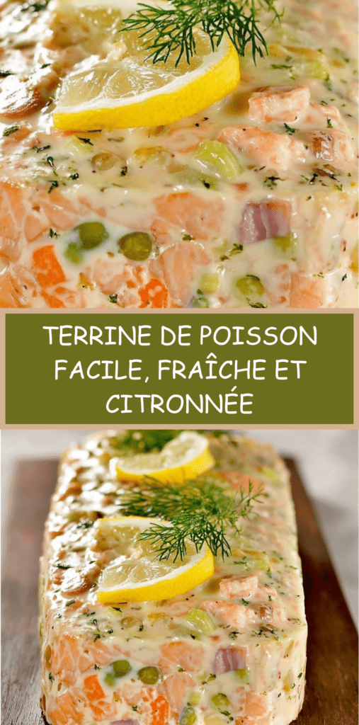 Terrine de poisson froide tranchée, texture fondante aux légumes, décorée d’aneth frais et de rondelles de citron, servie bien fraîche.