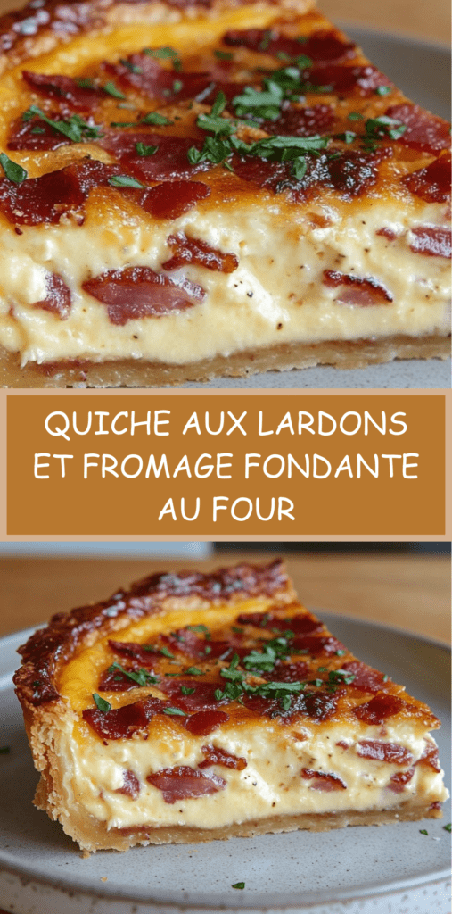 Quiche aux lardons et fromage dorée au four, texture fondante à l’intérieur, servie en parts avec herbes fraîches.