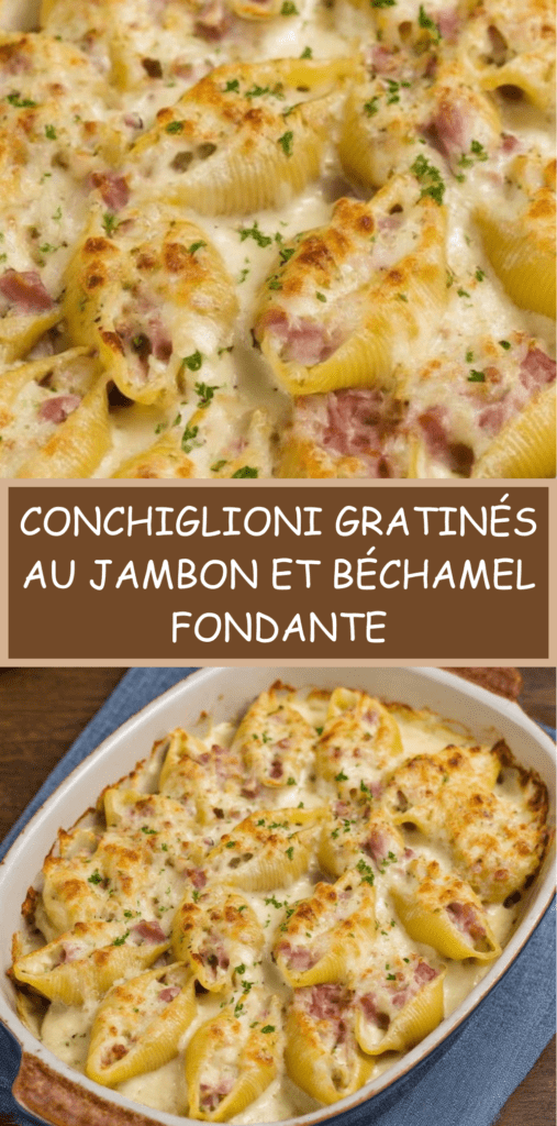 Conchiglioni farcis au jambon nappés de béchamel onctueuse et fromage gratiné, servis bien chauds dans un plat à gratin doré.