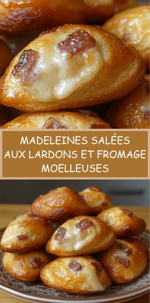 Madeleines salées dorées aux lardons et fromage, texture moelleuse avec cœur fondant, disposées sur une grille de refroidissement.