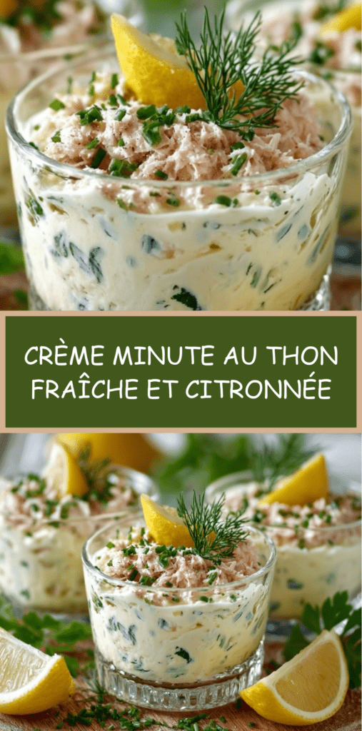 Verrines de crème minute au thon crémeuse garnies d’aneth frais et zeste de citron, servies bien fraîches pour l’apéritif.