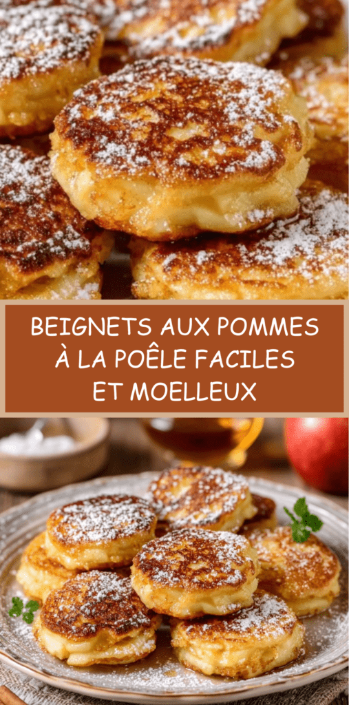 Beignets aux pommes dorés à la poêle, saupoudrés de sucre glace, servis chauds avec miel ou sirop d’érable.