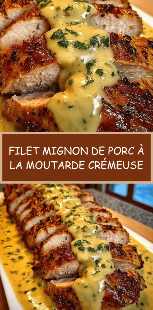 Tranches de filet mignon de porc nappées de sauce moutarde crémeuse, servies avec persil frais et accompagnement de pommes de terre.