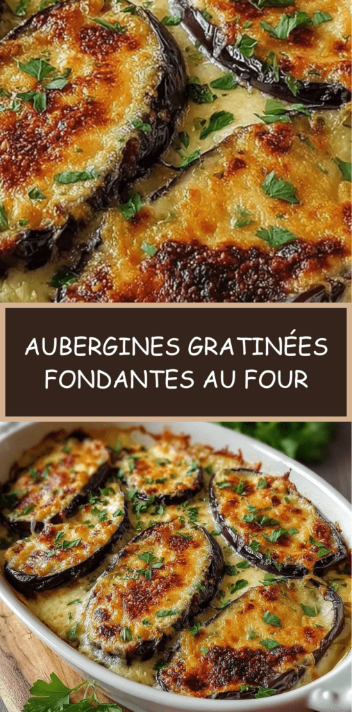 Plat des aubergines gratinées au four, rondelles dorées nappées de fromage fondu et légèrement croustillant sur le dessus.