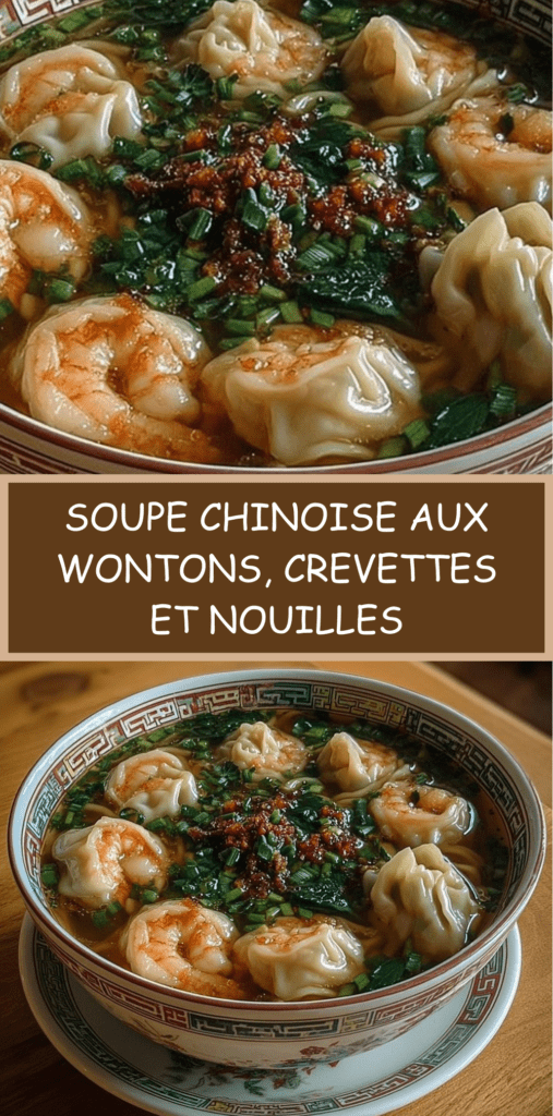 Bol de soupe chinoise aux wontons garnis de crevettes, nouilles asiatiques, épinards et oignons verts dans un bouillon clair parfumé.