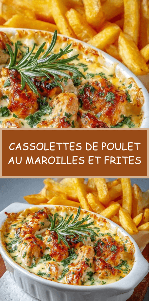 Cassolettes de poulet nappée de sauce au Maroilles fondante, accompagnée de frites maison croustillantes et dorées.