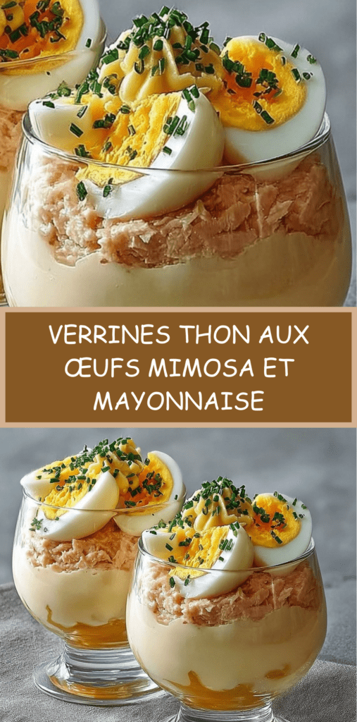 Verrines thon et œufs mimosa en couches, garnies de ciboulette fraîche et pointe de mayonnaise crémeuse.