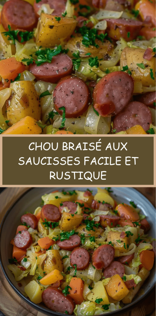 Cocotte de chou braisé aux saucisses fumées avec carottes et pommes de terre, parsemée de persil frais.