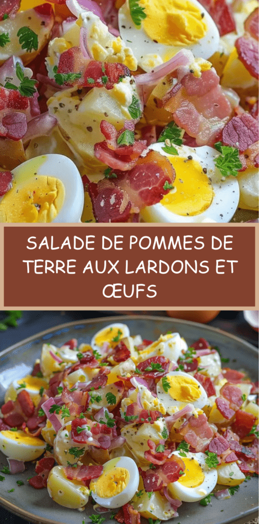 Salade de pommes de terre tiède aux lardons croustillants et œufs durs, parsemée de persil frais.