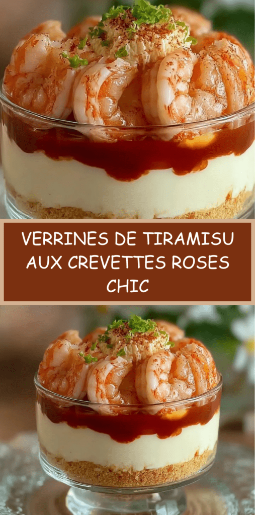Verrines de tiramisu salé aux crevettes roses présentées en verres transparents, avec base croustillante de biscuits salés, crème onctueuse au fromage frais, fine couche de sauce tomate relevée et crevettes décorées de ciboulette.