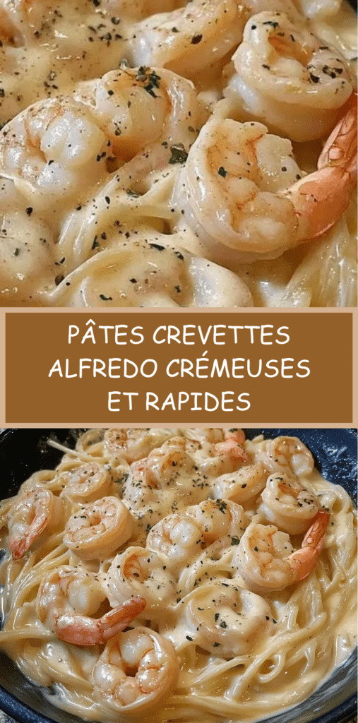 Assiette de pâtes crevettes Alfredo nappées d’une sauce crémeuse au parmesan, garnies de persil frais, servies chaudes dans une assiette blanche.