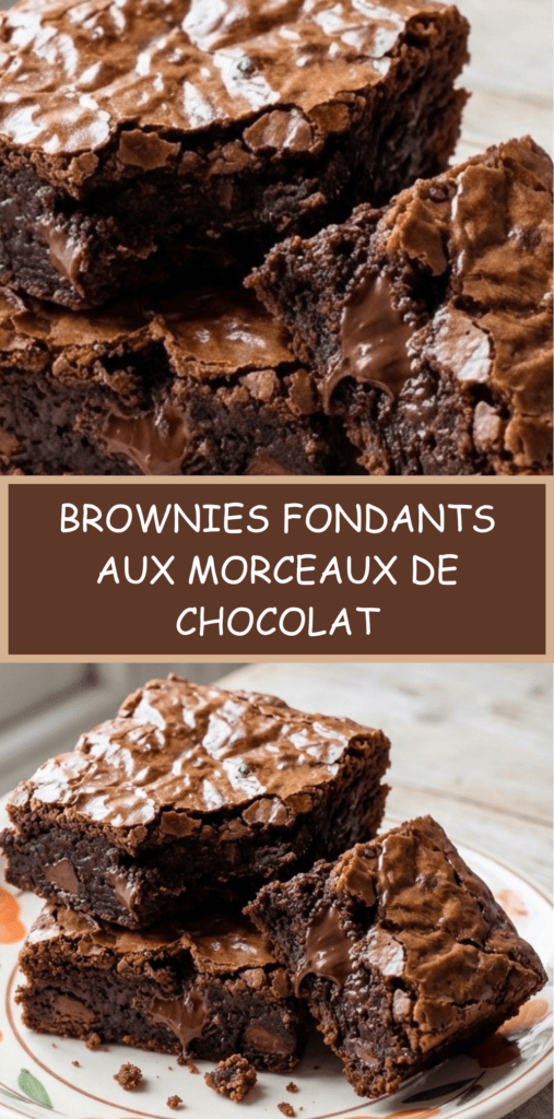 Carrés de brownies fondants aux morceaux de chocolat noir et pépites visibles, texture dense et humide au centre, posés sur une grille avec papier cuisson.
