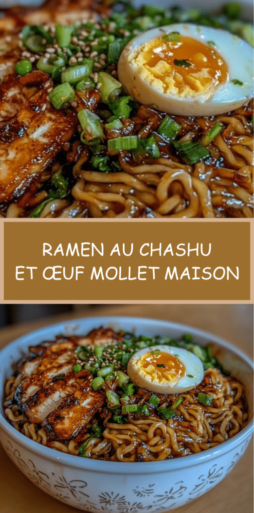 Bol de ramen au chashu avec bouillon shoyu foncé, nouilles ramen fraîches, tranches de poitrine de porc braisée caramélisée, œuf mollet coupé en deux, oignons verts et graines de sésame.