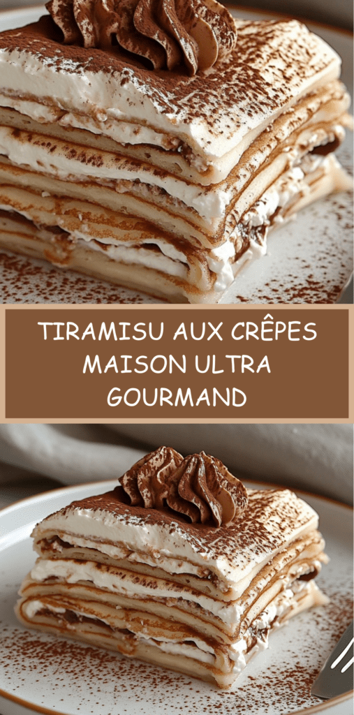 Tiramisu aux crêpes roulées imbibées de café, garnies de crème mascarpone et saupoudrées de cacao amer, présenté en plat rectangulaire avec couches visibles.