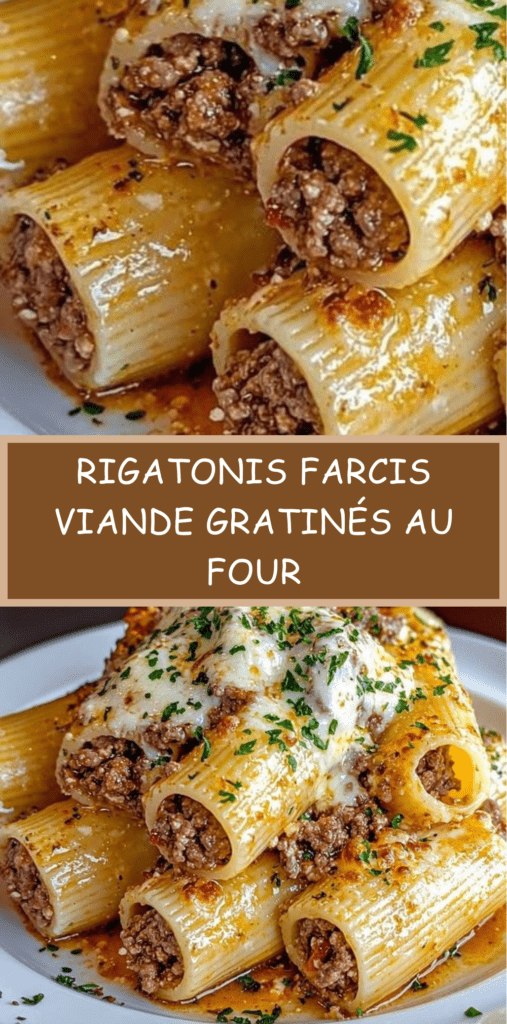 Plat de rigatonis farcis à la viande hachée, recouverts de sauce tomate et de mozzarella fondue dorée, servis chauds dans un plat rectangulaire.