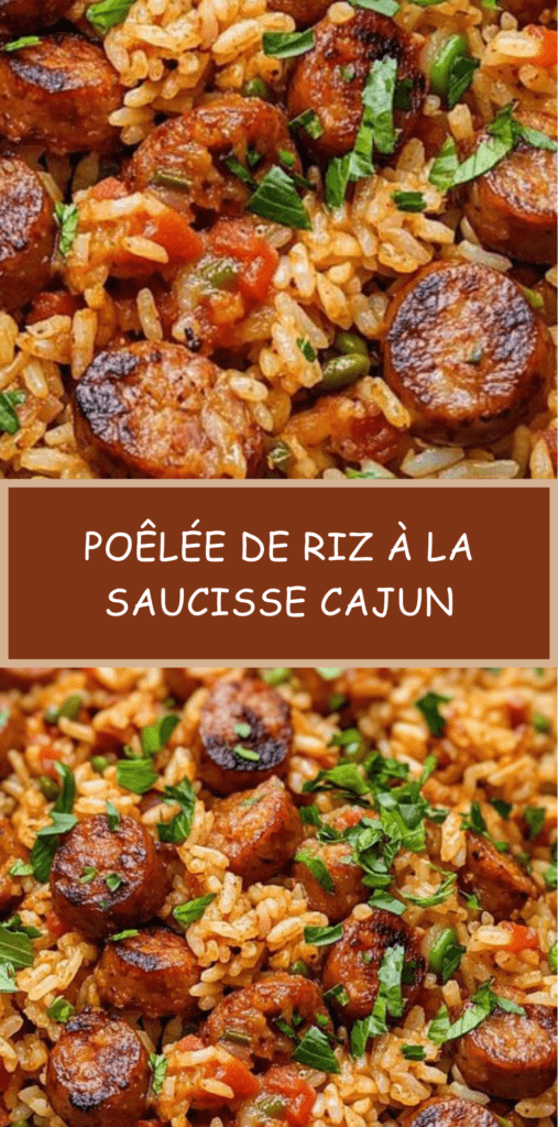 Poêlée de riz à la saucisse Cajun avec rondelles de saucisse fumée dorées, poivrons colorés, céleri et oignons, parsemée de persil frais.