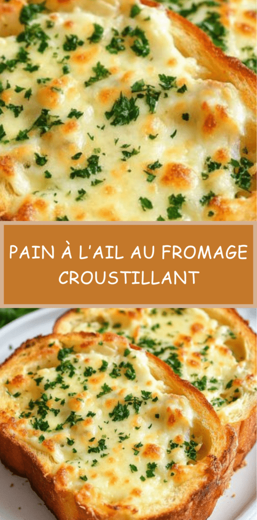 Tranches épaisses de pain à l’ail gratinées au fromage, mozzarella fondue et légèrement dorée, garnies de persil frais sur une plaque de cuisson.