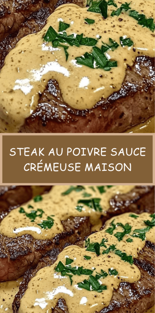 Steak au poivre de bœuf épais enrobé de poivre concassé, nappé de sauce crémeuse au poivre dans une poêle en fonte, servi chaud avec persil frais.