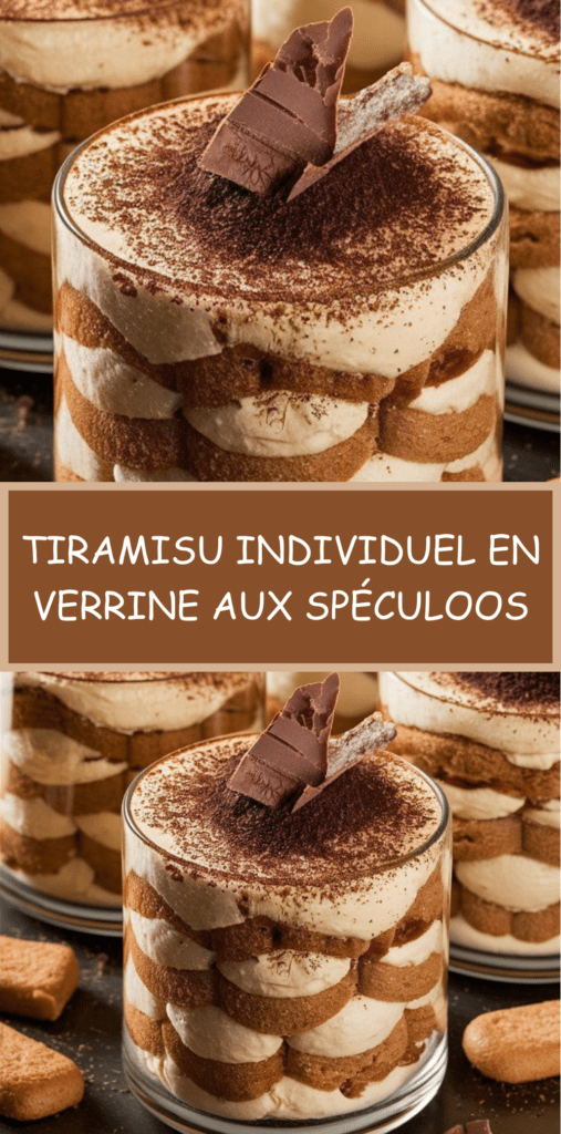 Tiramisu individuel aux spéculoos, couches visibles de crème mascarpone et biscuits imbibés de café, saupoudrées de cacao et copeaux de chocolat.