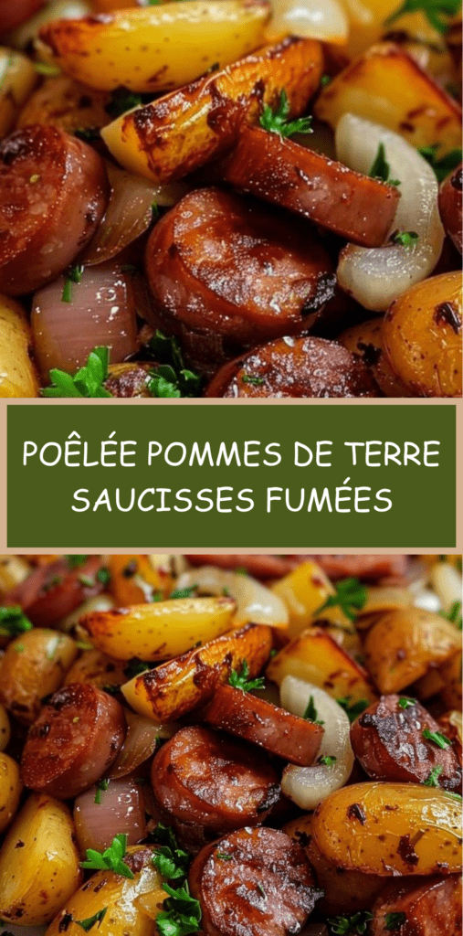 Poêlée de pommes de terre dorées en cubes avec rondelles de saucisses fumées et oignons caramélisés, parsemée de persil frais.