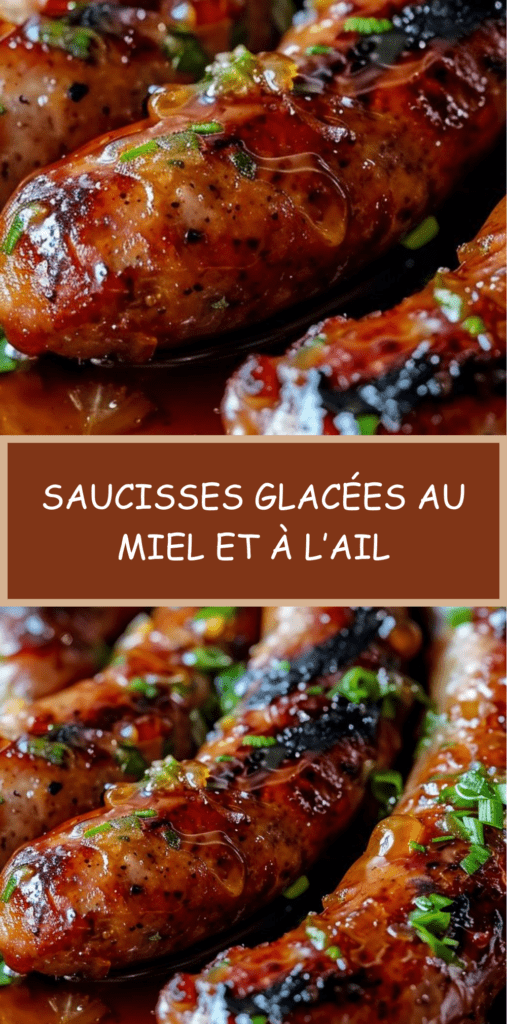 Saucisses glacées grillées nappées d’un glaçage brillant au miel et à l’ail, parsemées d’oignons verts frais, servies chaudes dans une poêle.